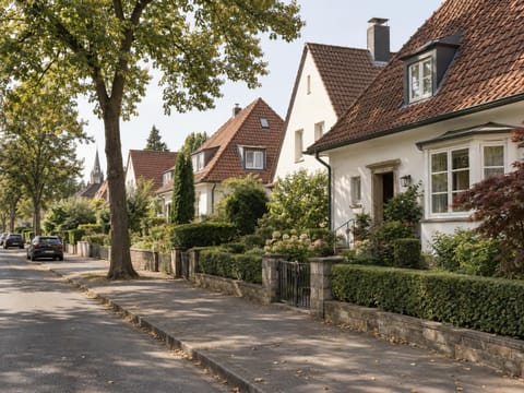 Einfamilienhäuser mit Ziegeldach und Vorgarten an einer ruhigen Wohnstraße
