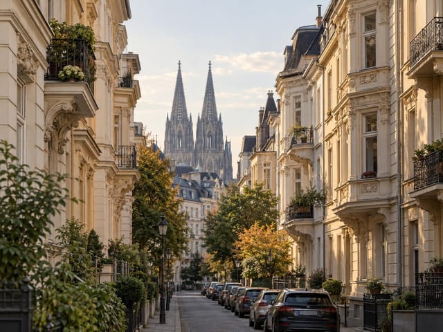 Gründerzeit-Wohnhäuser mit hellen Stuckfassaden, dahinter die Türme des Kölner Doms