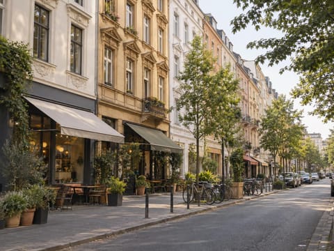 Gründerzeithäuser mit Stuckfassaden über Cafés und Läden an einer belebten Straße