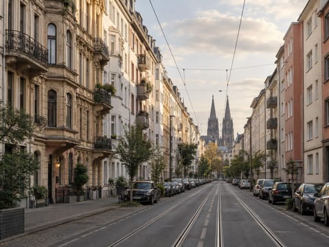 Mehrgeschossige Wohnhäuser an einer Straße mit Straßenbahngleisen, im Hintergrund der Kölner Dom