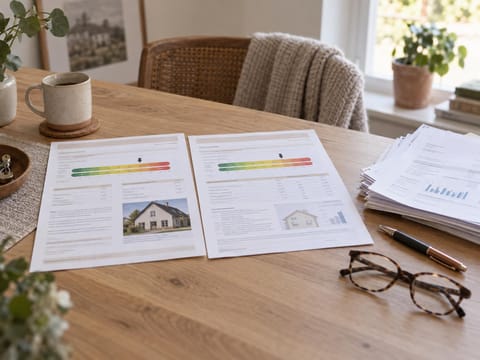 Zwei Seiten eines Energieausweises mit farbiger Effizienzskala, daneben Heizkostenabrechnungen
